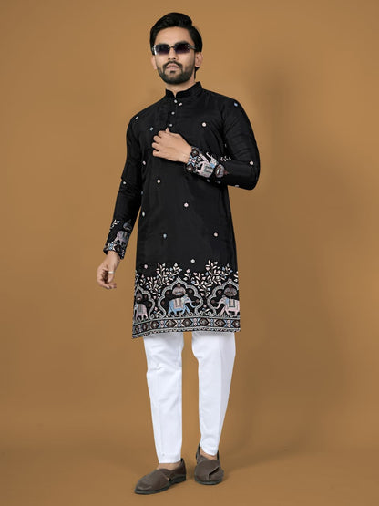 Trendy Black Silk Designer Mens Kurta with Pajama