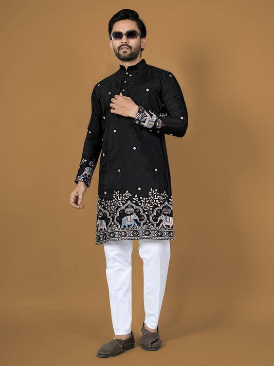 Trendy Black Silk Designer Mens Kurta with Pajama