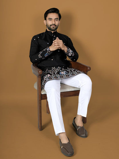 Trendy Black Silk Designer Mens Kurta with Pajama