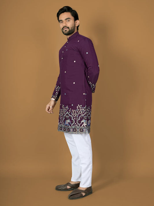 Indian Purple Silk Designer Mens Kurta for Wedding