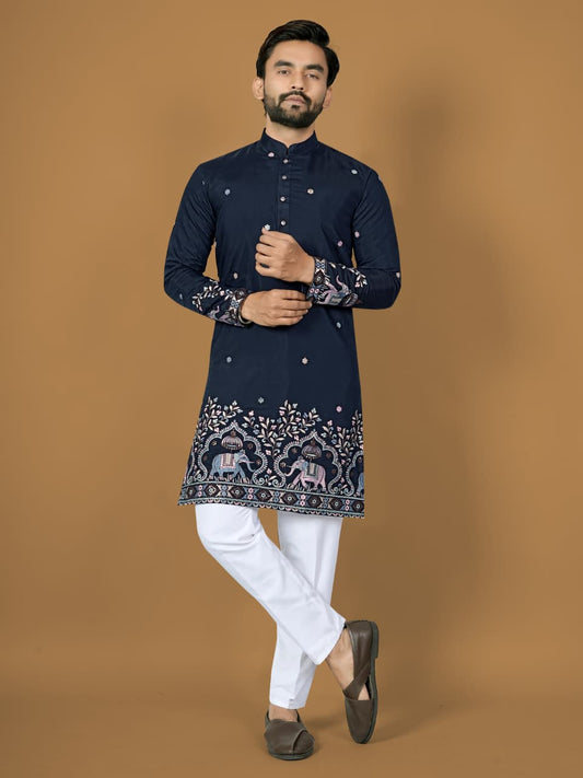 Blue Silk Wedding Guest Mens Kurta Pyjama Set