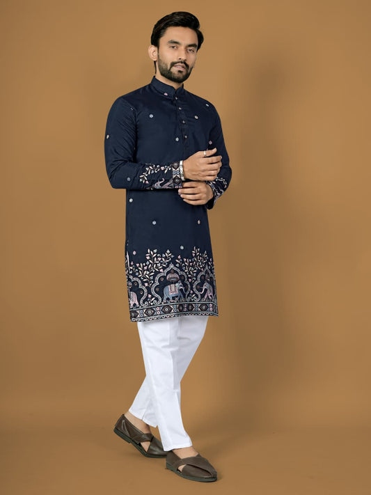 Blue Silk Wedding Guest Mens Kurta Pyjama Set