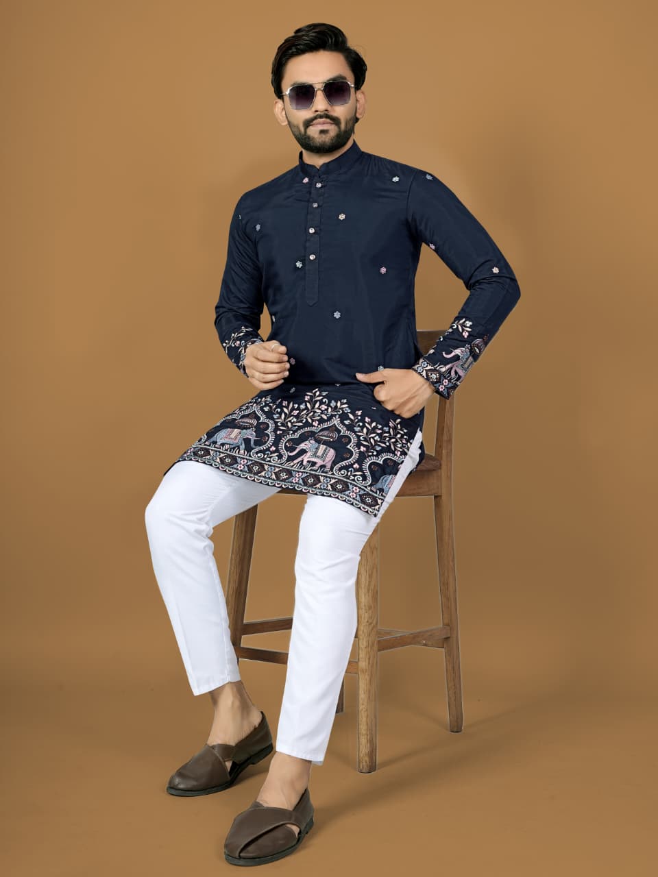 Blue Silk Wedding Guest Mens Kurta Pyjama Set
