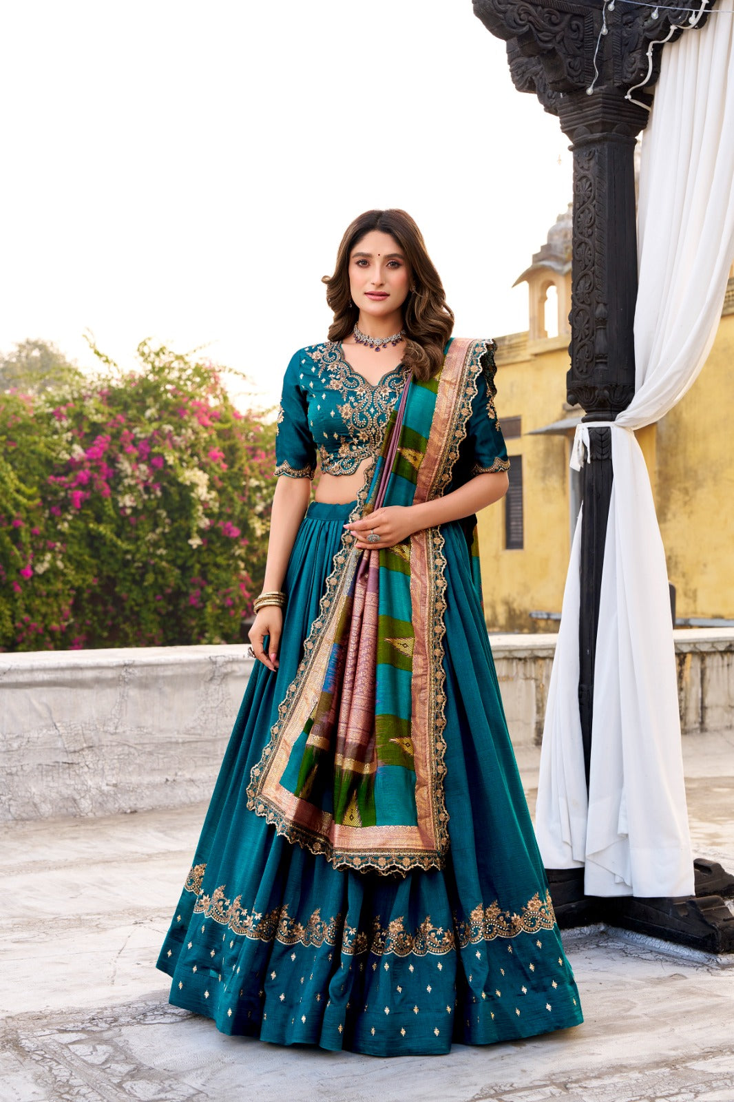 Firozi Color Vichitra Silk Lehenga Choli for Wedding