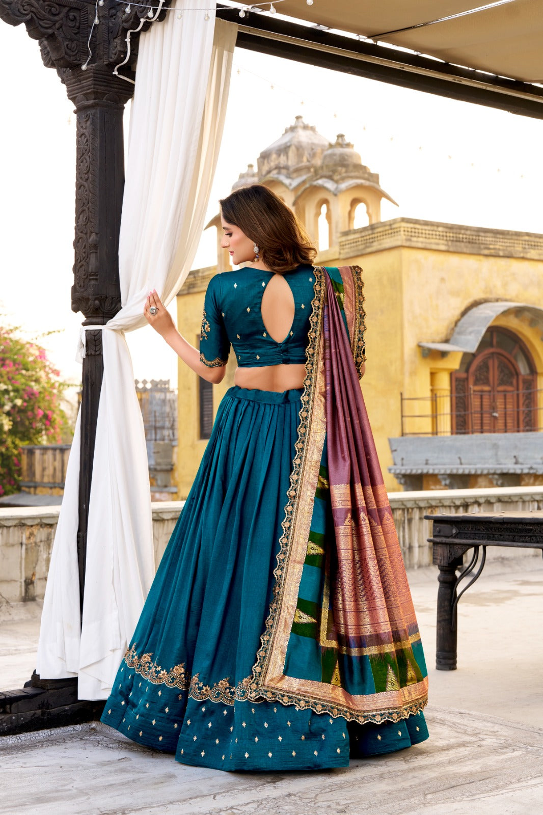 Firozi Color Vichitra Silk Lehenga Choli for Wedding