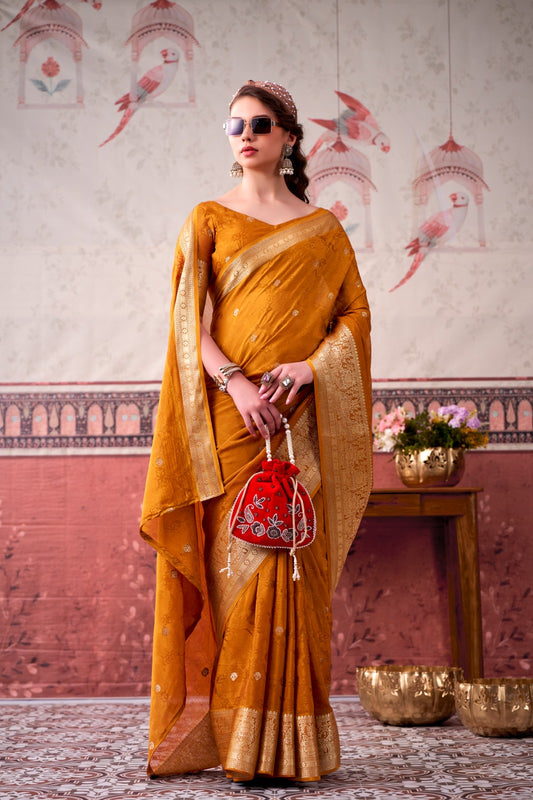 Mustard Chinon Zari Weaving Saree for Haldi