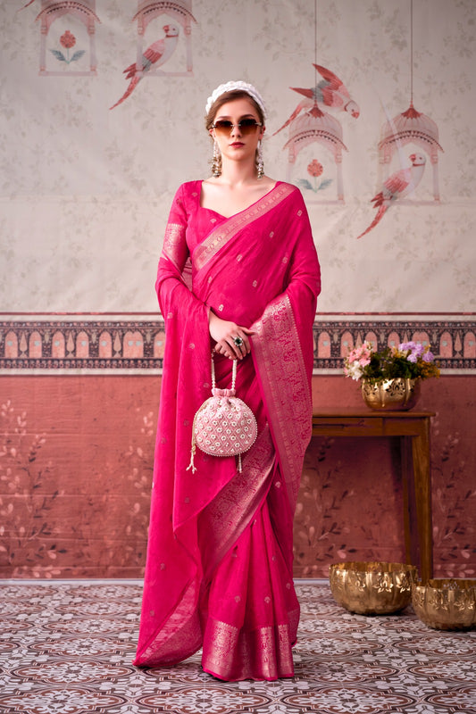 Pink Chinon Zari Weaving Bridesmaids Saree with Blouse