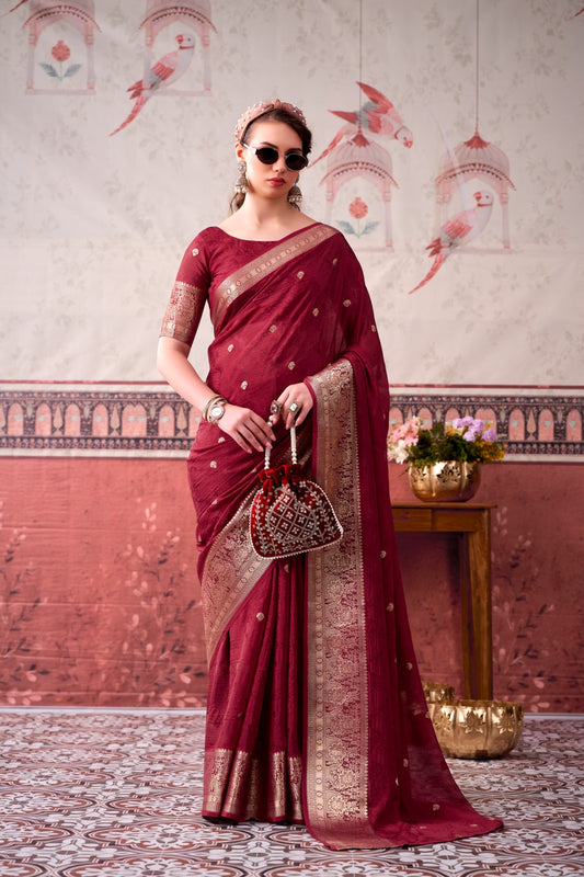 Maroon Chinon Wedding Wear Zari Weaving Saree
