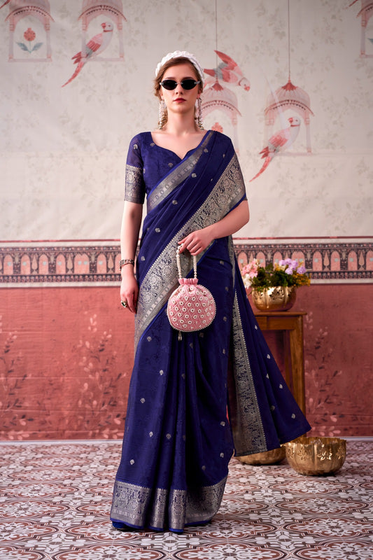 Navy Blue Chinon Zari Weaving Saree for Party Wear