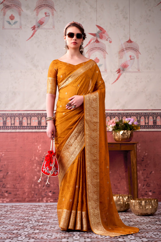 Mustard Chinon Zari Weaving Saree for Haldi