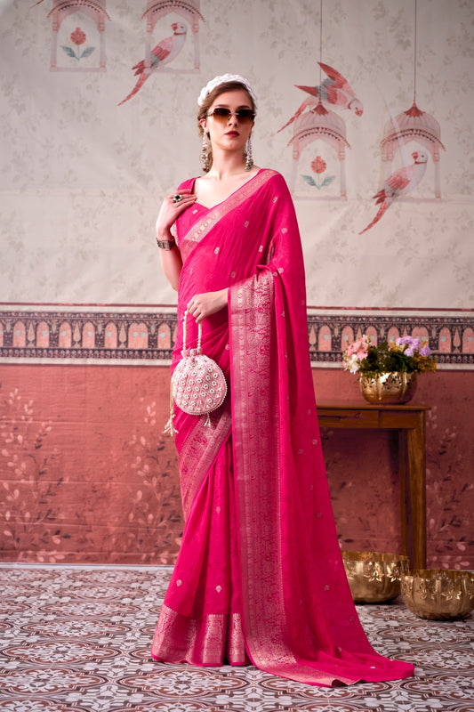 Pink Chinon Zari Weaving Bridesmaids Saree with Blouse