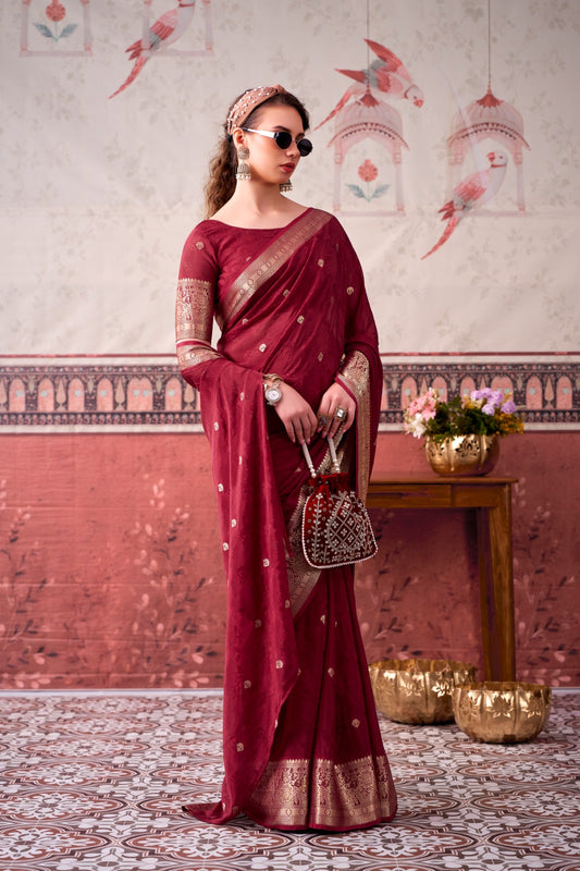 Maroon Chinon Wedding Wear Zari Weaving Saree