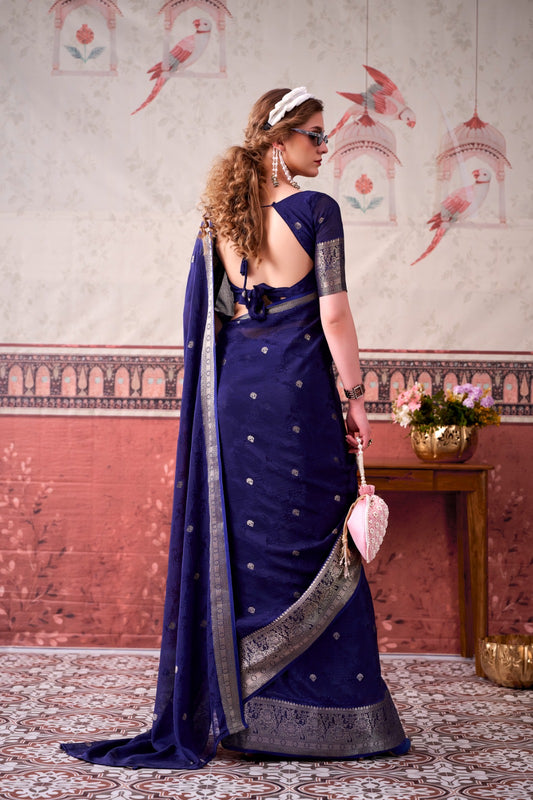 Navy Blue Chinon Zari Weaving Saree for Party Wear