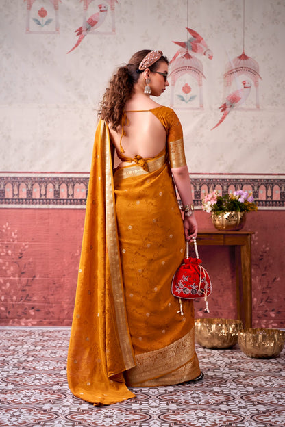 Mustard Chinon Zari Weaving Saree for Haldi