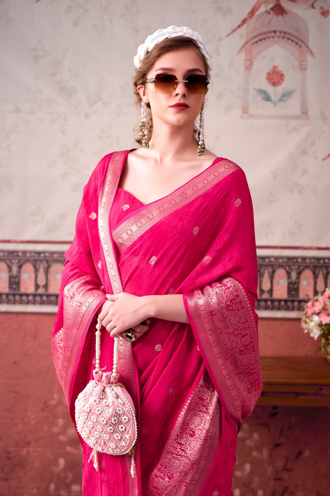 Pink Chinon Zari Weaving Bridesmaids Saree with Blouse
