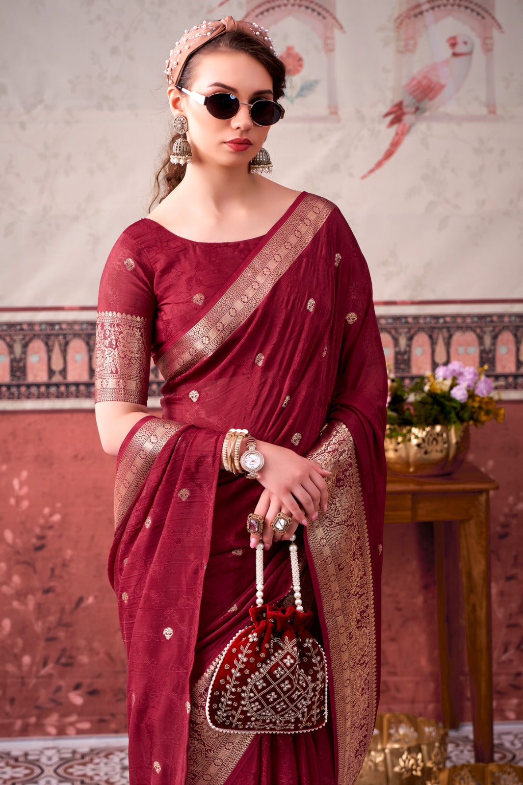 Maroon Chinon Wedding Wear Zari Weaving Saree