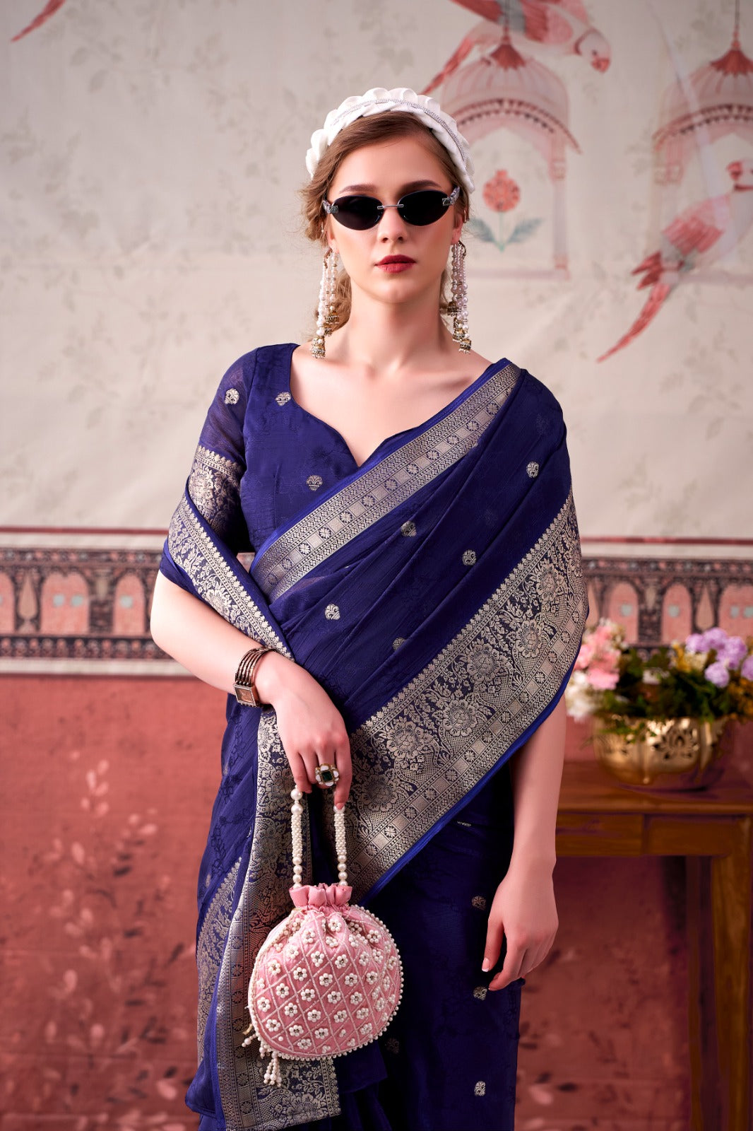 Navy Blue Chinon Zari Weaving Saree for Party Wear