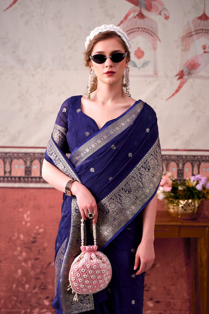 Navy Blue Chinon Zari Weaving Saree for Party Wear