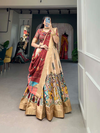 cream Color Kalamkari Print With Weaving Border Dola Silk Lehenga Choli