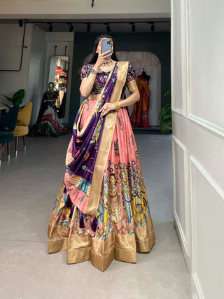 Peach Color Kalamkari Print With Weaving Border Dola Silk Lehenga Choli