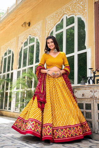 Yellow Leheriya with patola print lehenga choli with dupatta