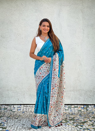 Teal blue color silk saree for women with price
