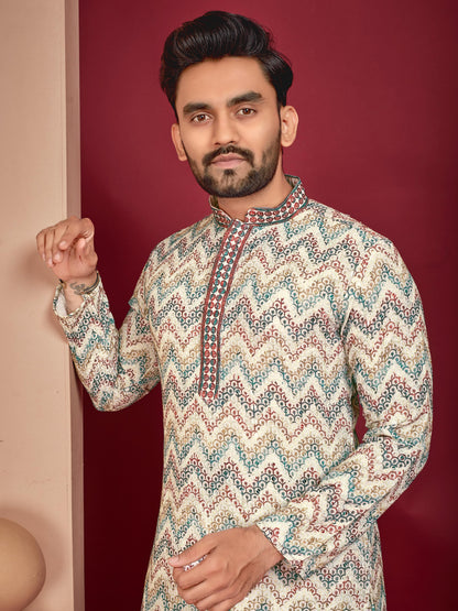 Ethnic wear Men's rayon lucknowi printed kurta set price