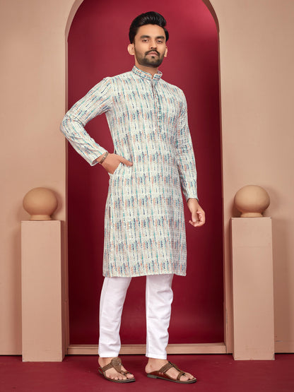 Men's rayon lucknowi printed kurta set design