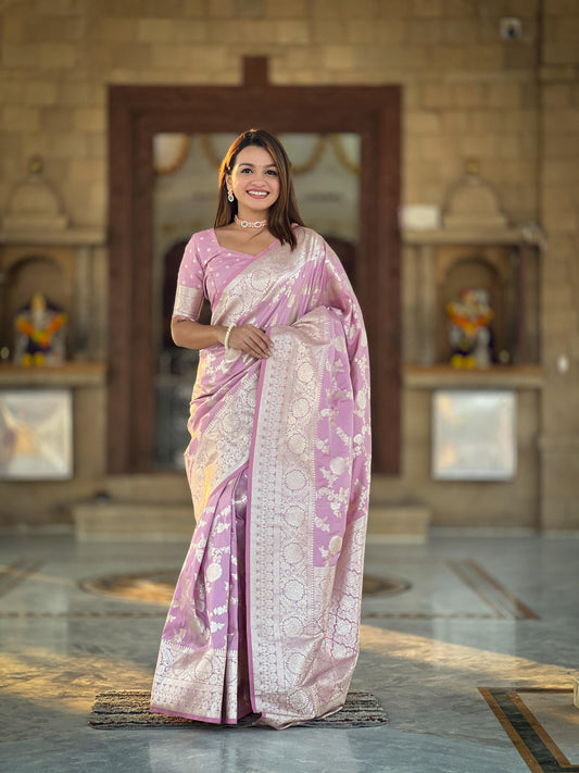 Fantastic Pink Color Banarasi Silk Zari Weaving Saree For Reception