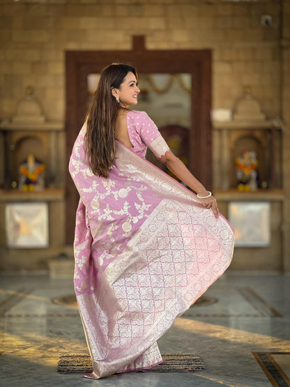 Fantastic Pink Color Banarasi Silk Zari Weaving Saree For Reception