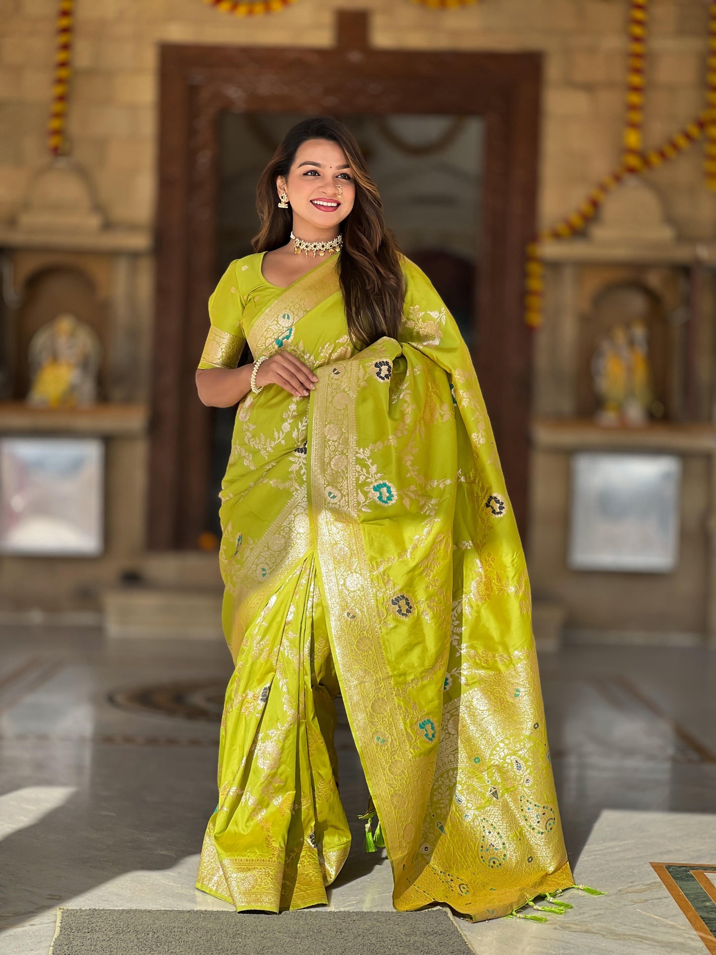 Parrot color banarasi silk sarees for women price
