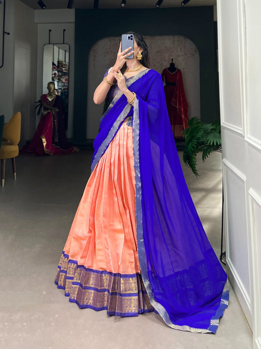 Peach color kanchipuram lehenga choli for wedding