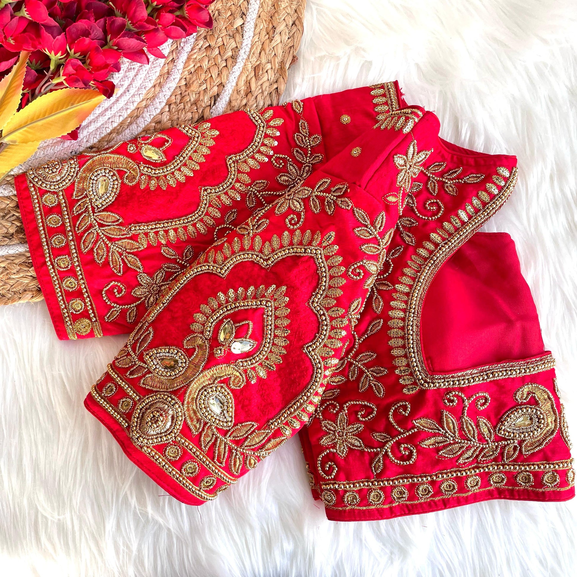 Red banarasi silk blouse for lehenga choli online