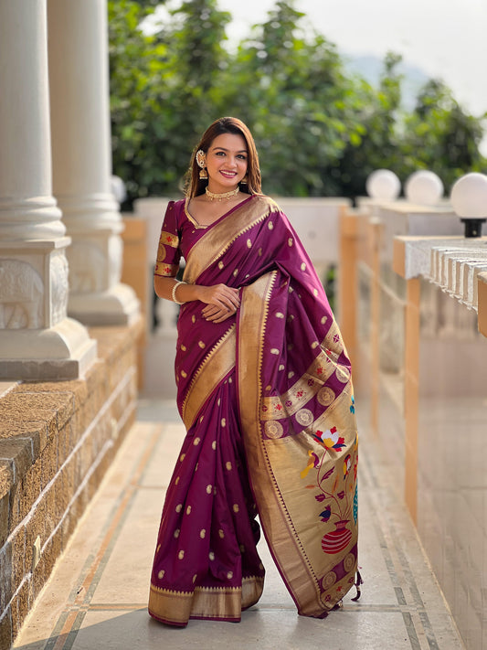 South Indian Purple Color Paithani Silk Festive Wear Saree With Blouse