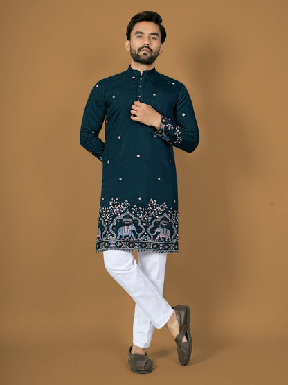 Trendy Teal Silk Designer Mens Kurta with Pajama