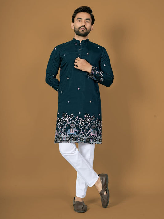 Trendy Teal Silk Designer Mens Kurta with Pajama