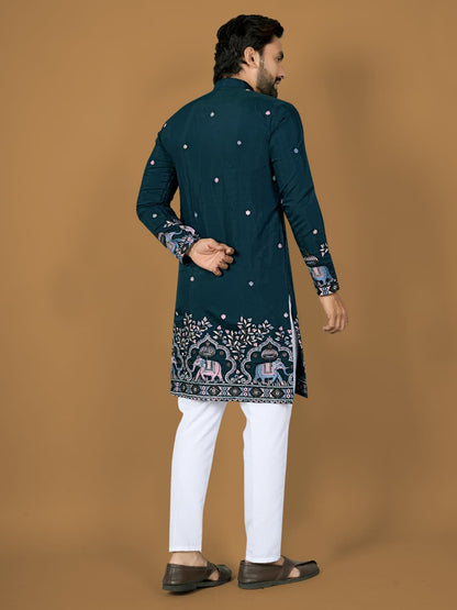 Trendy Teal Silk Designer Mens Kurta with Pajama