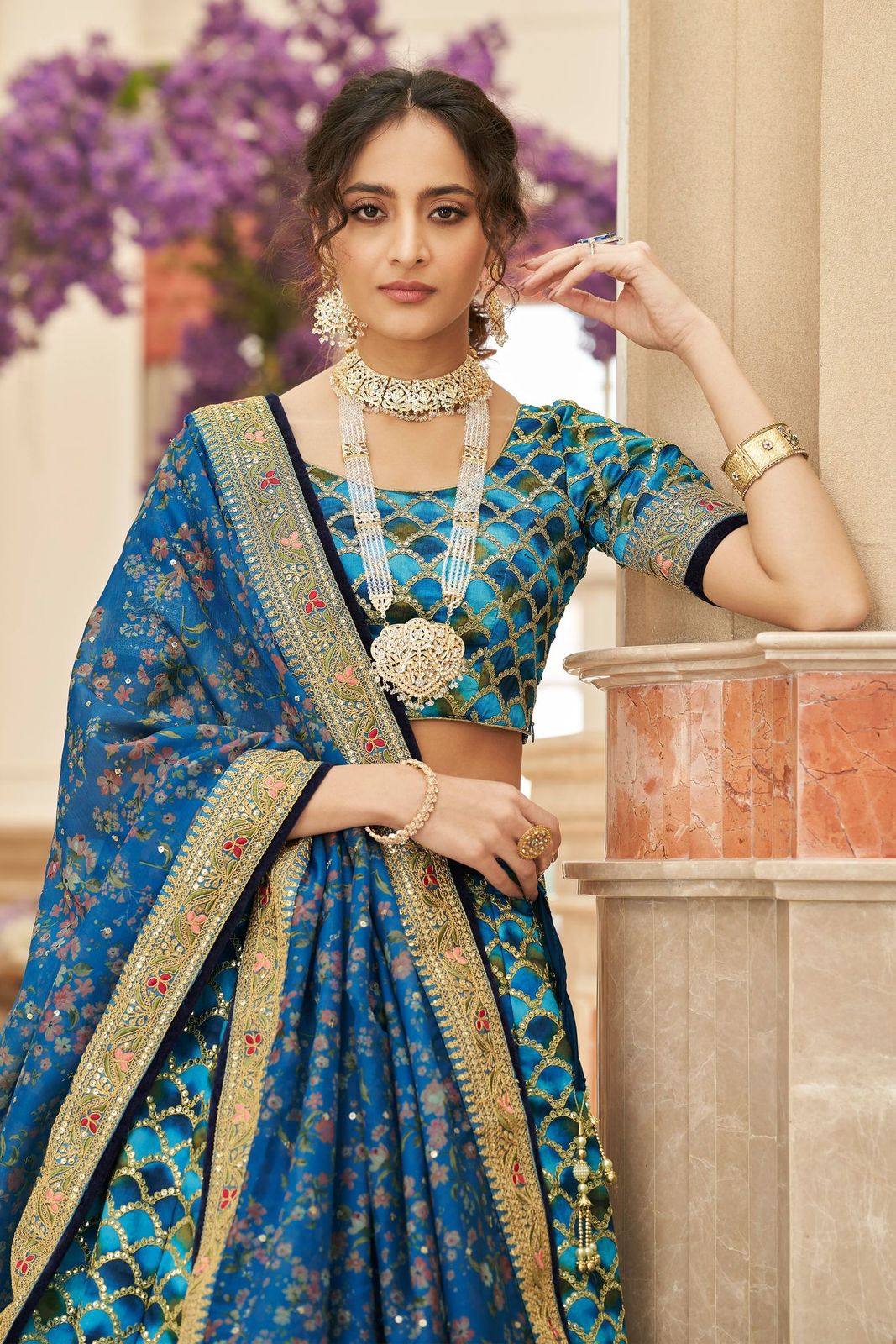 art silk blue lehenga engagement