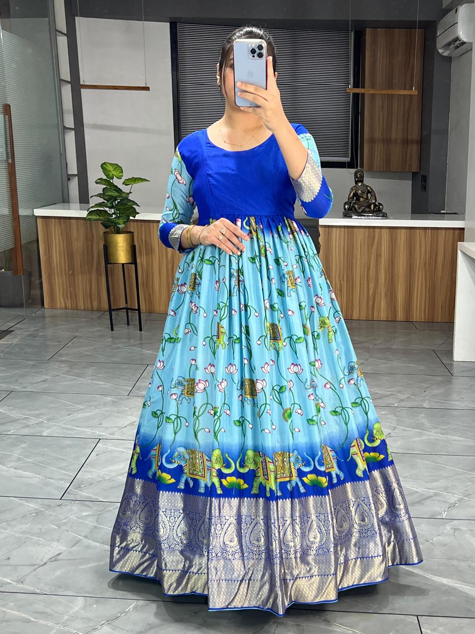 Pink Kalamkari Printed Soft Silk Gown For Wedding Party – Ragthm