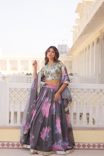 Grey floral printed lehenga choli