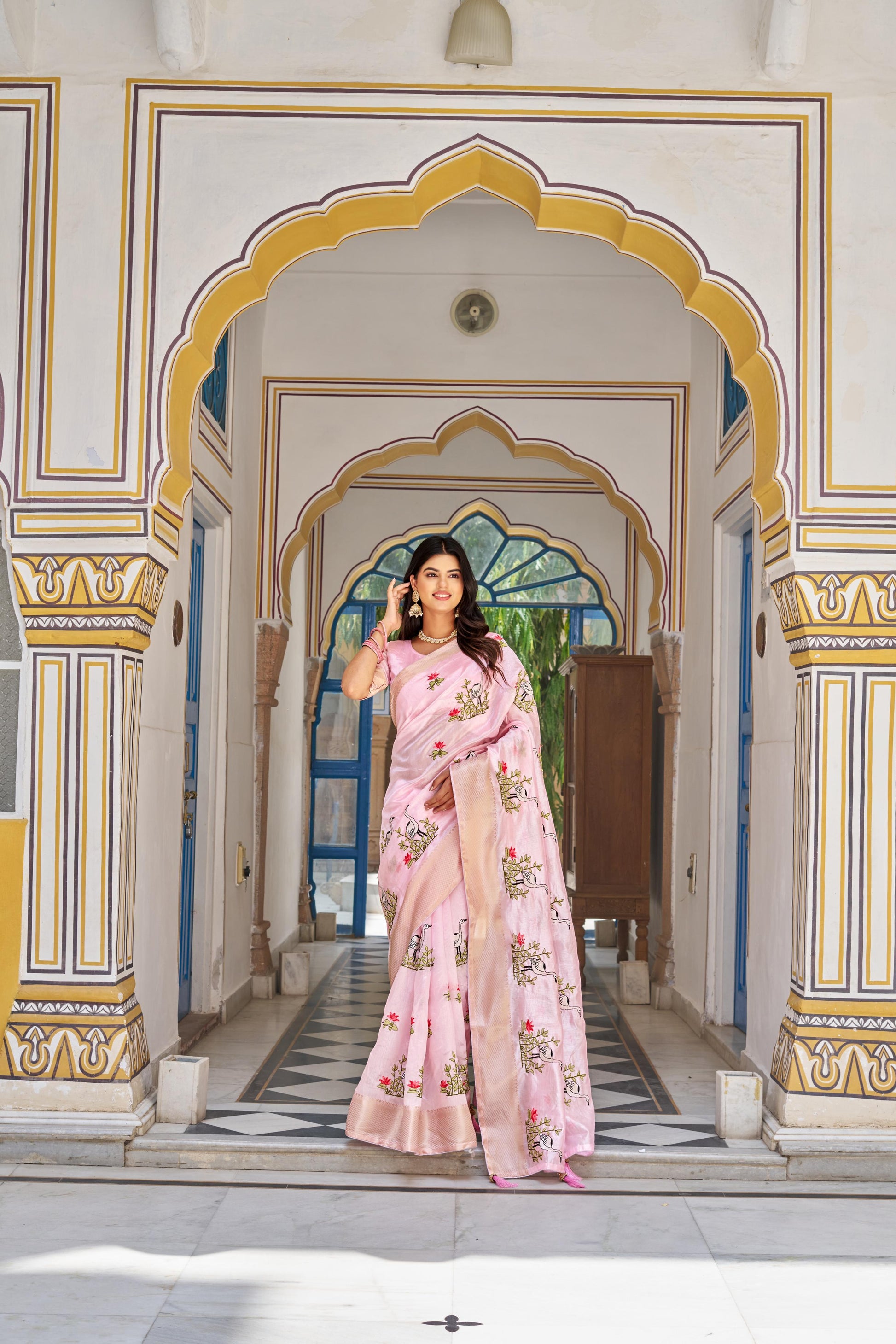 pink color embroidery work saree for party