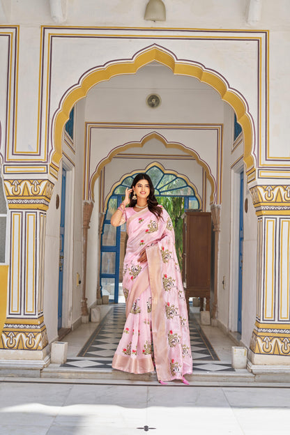 pink color embroidery work saree for party