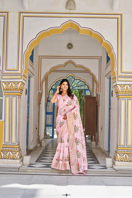pink color embroidery work saree for party