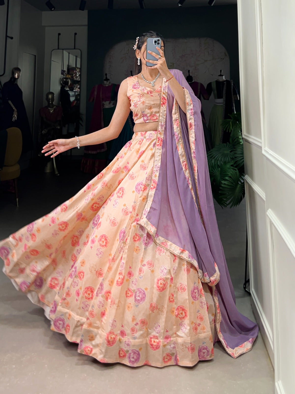 Peach color tussar silk lehenga choli with dupatta price 
