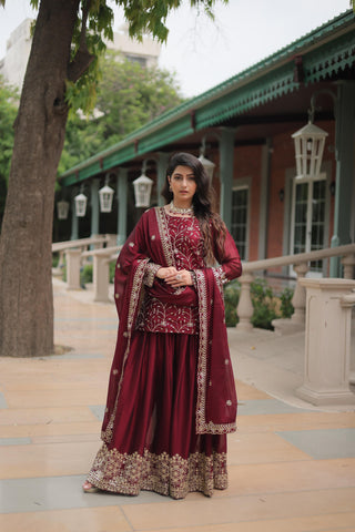 Maroon color rangoli silk sharara suit