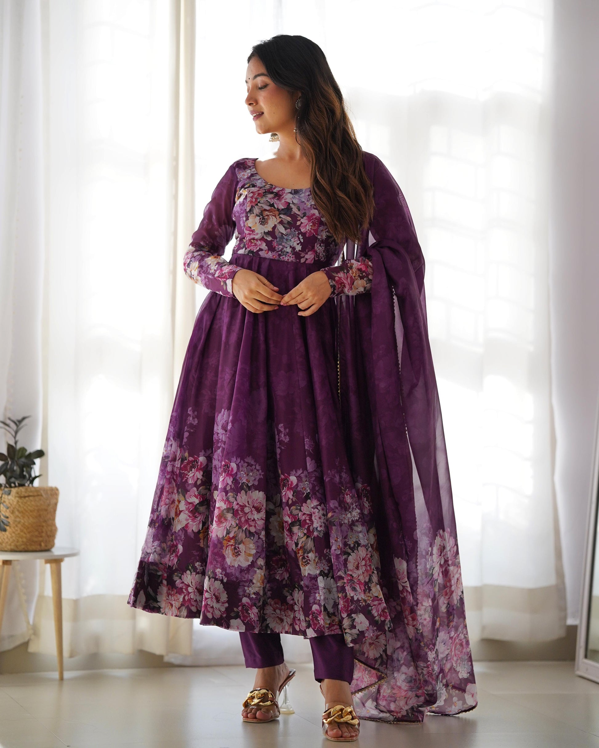 Wine color organza silk salwar suit with dupatta images