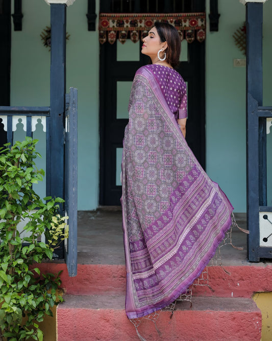 Purple color linen printed saree with blouse online