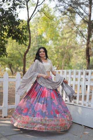 Grey floral design georgette lehenga choli images