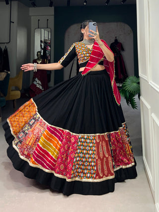 Black rayon printed gamthi work chaniya choli online
