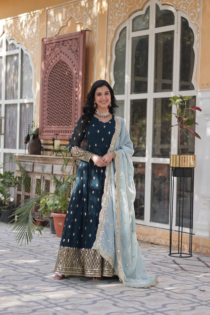Teal green faux blooming gown for women
